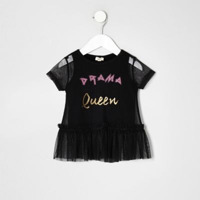 Mini girls black mesh &#39;drama queen&#39; top